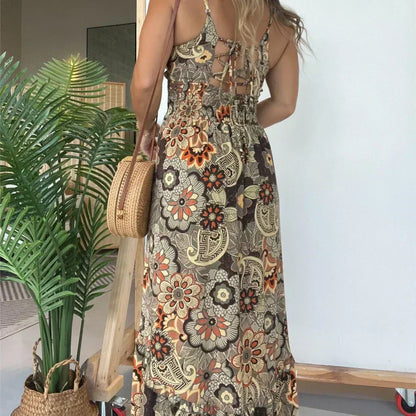 🌺Sconto del 49% sulla prevendita primaverile🍃Vestito lungo sexy con spalline sottili e stampa floreale per donna