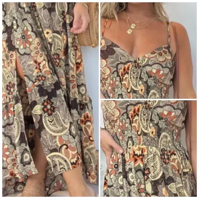 🌺Sconto del 49% sulla prevendita primaverile🍃Vestito lungo sexy con spalline sottili e stampa floreale per donna