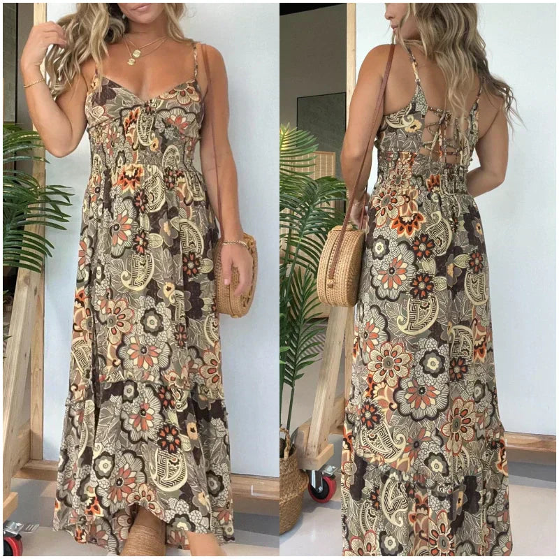 🌺Sconto del 49% sulla prevendita primaverile🍃Vestito lungo sexy con spalline sottili e stampa floreale per donna