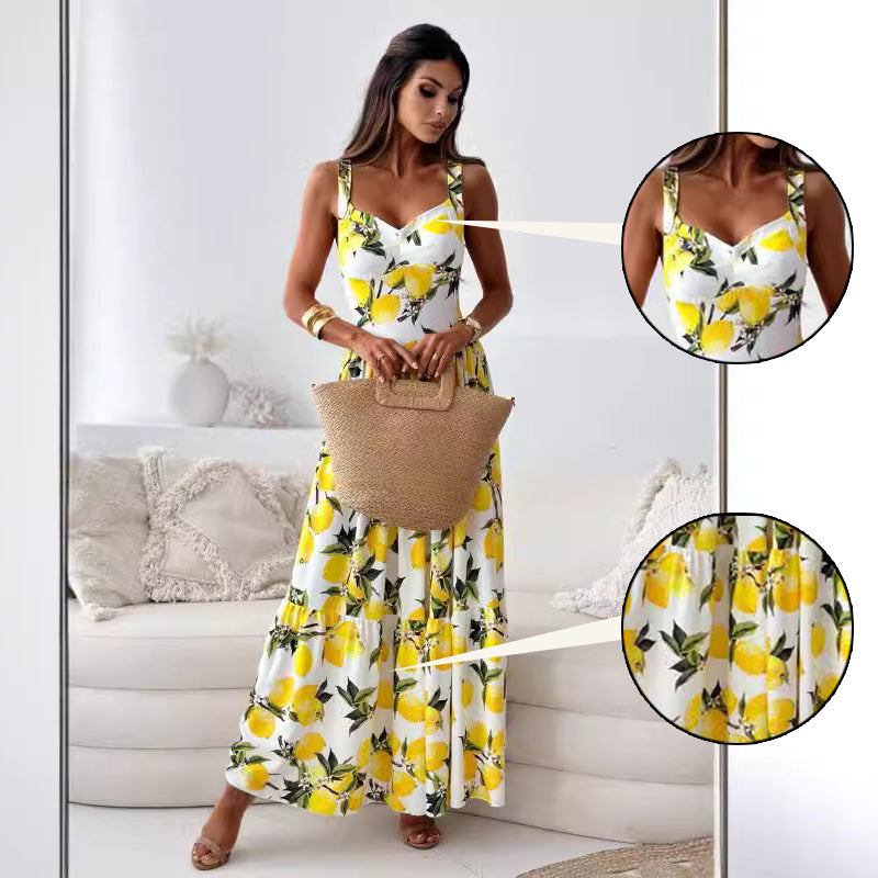 💕SCONTO DEL 50%🍋Elegante abito lungo con spalline sottili e stampa di limoni per donna