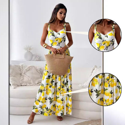 💕SCONTO DEL 50%🍋Elegante abito lungo con spalline sottili e stampa di limoni per donna