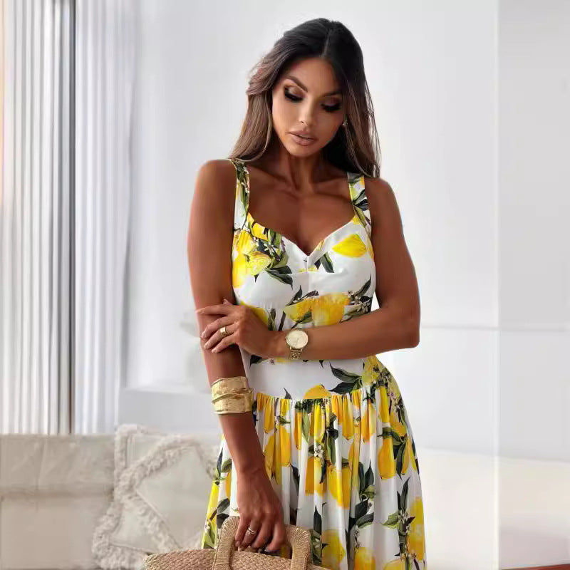 💕SCONTO DEL 50%🍋Elegante abito lungo con spalline sottili e stampa di limoni per donna