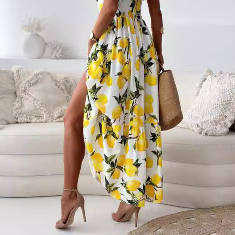 💕SCONTO DEL 50%🍋Elegante abito lungo con spalline sottili e stampa di limoni per donna