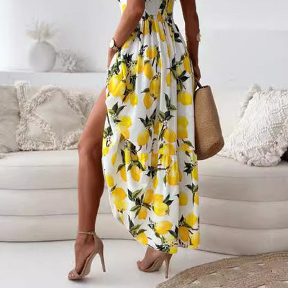💕SCONTO DEL 50%🍋Elegante abito lungo con spalline sottili e stampa di limoni per donna