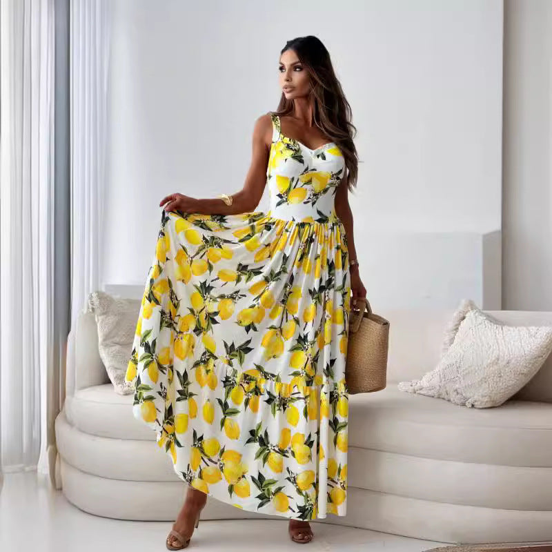 💕SCONTO DEL 50%🍋Elegante abito lungo con spalline sottili e stampa di limoni per donna