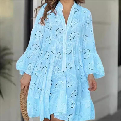 💥Saldi estivi🌷Abito ampio e traforato con scollo a V in tinta unita