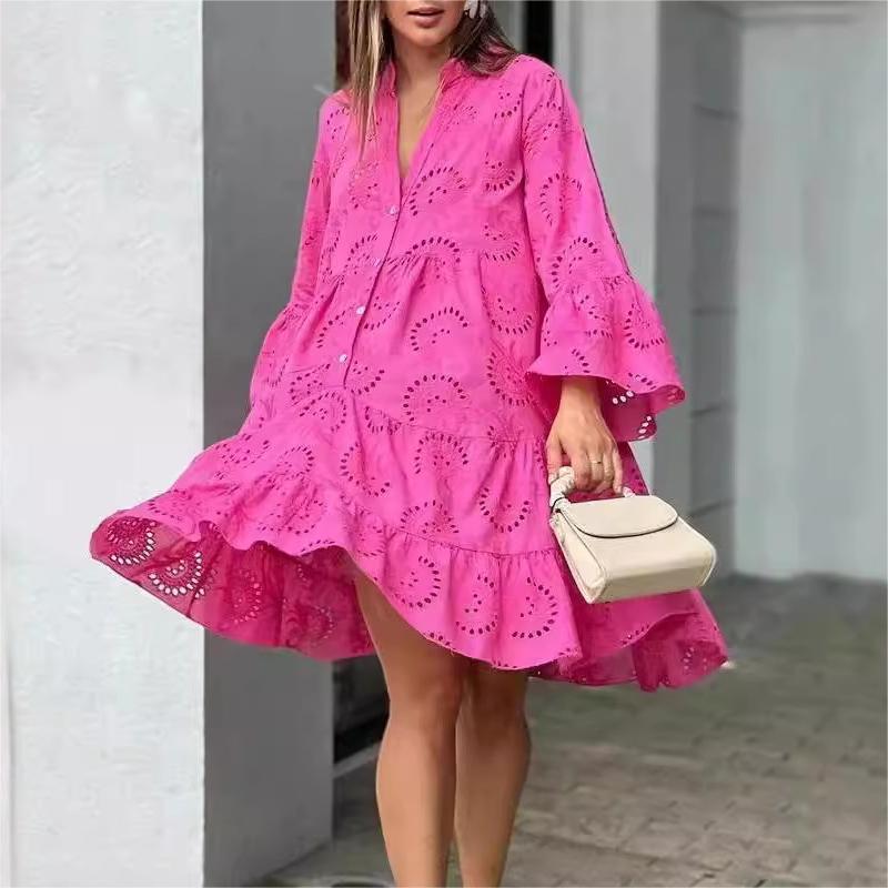 💥Saldi estivi🌷Abito ampio e traforato con scollo a V in tinta unita