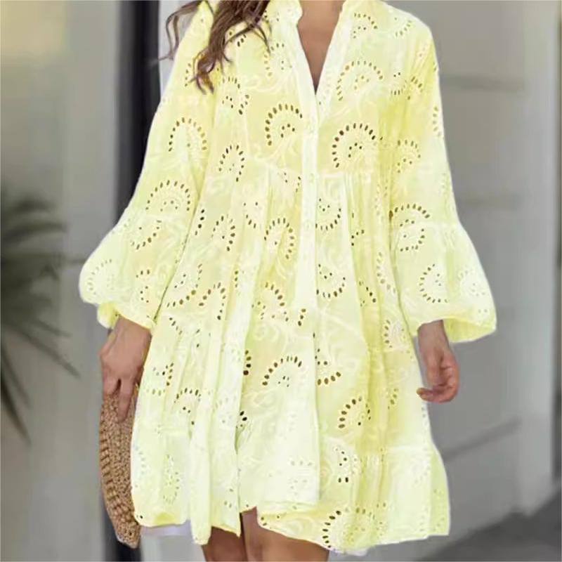 💥Saldi estivi🌷Abito ampio e traforato con scollo a V in tinta unita