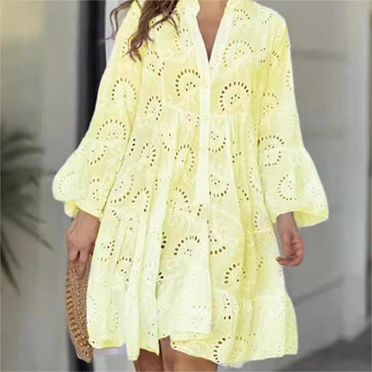 💥Saldi estivi🌷Abito ampio e traforato con scollo a V in tinta unita