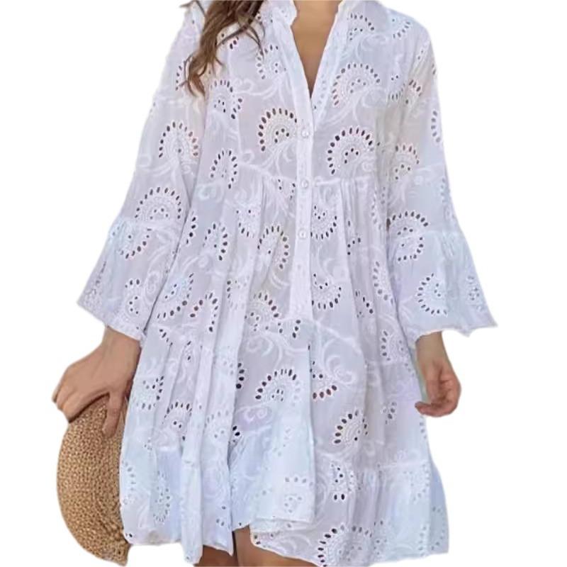 💥Saldi estivi🌷Abito ampio e traforato con scollo a V in tinta unita