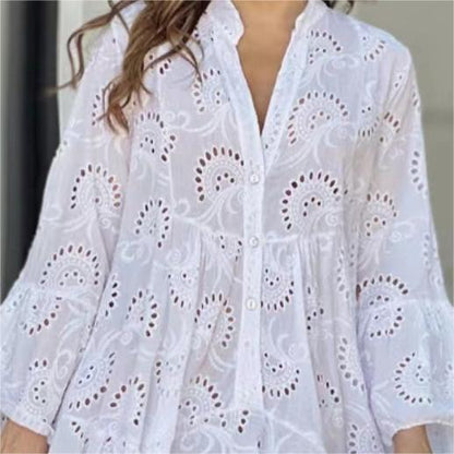 💥Saldi estivi🌷Abito ampio e traforato con scollo a V in tinta unita