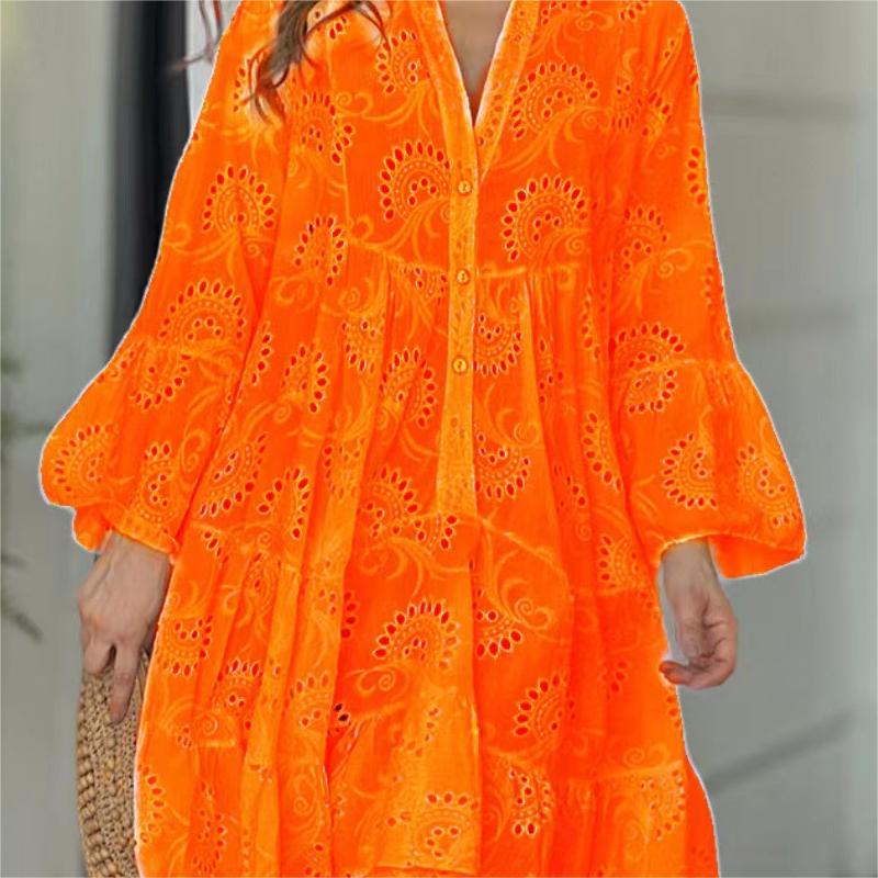 💥Saldi estivi🌷Abito ampio e traforato con scollo a V in tinta unita