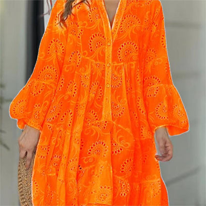 💥Saldi estivi🌷Abito ampio e traforato con scollo a V in tinta unita