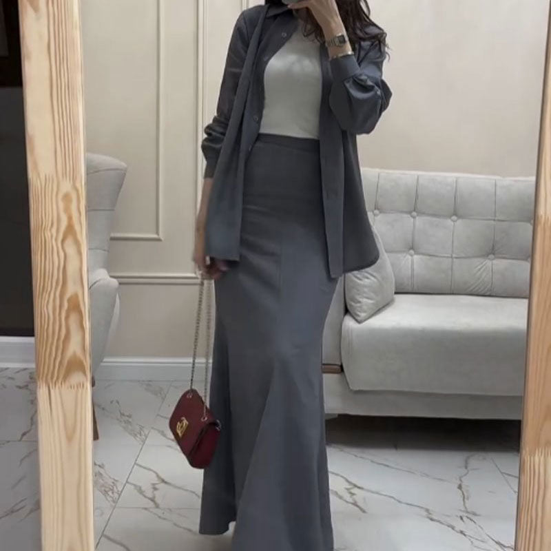 Gray loose shirt & maxi skirt two -part suit