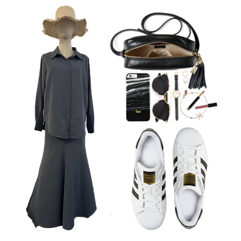 Gray loose shirt & maxi skirt two -part suit