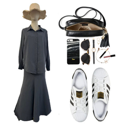 Gray loose shirt & maxi skirt two -part suit