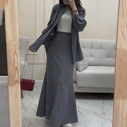 Gray loose shirt & maxi skirt two -part suit