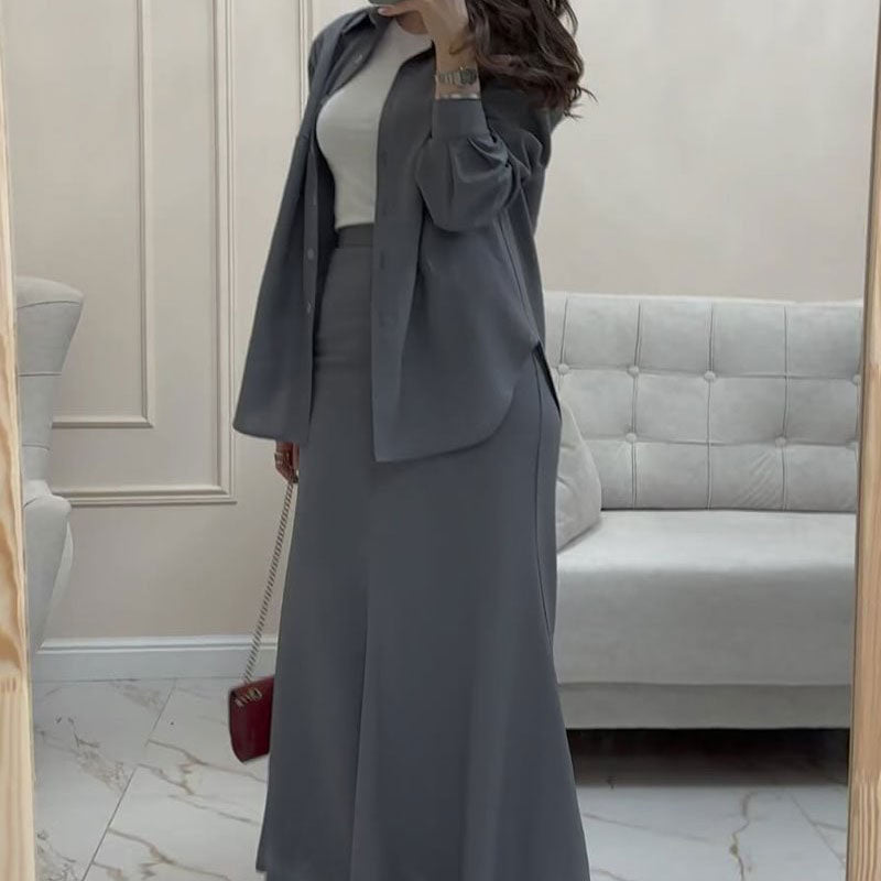 Gray loose shirt & maxi skirt two -part suit