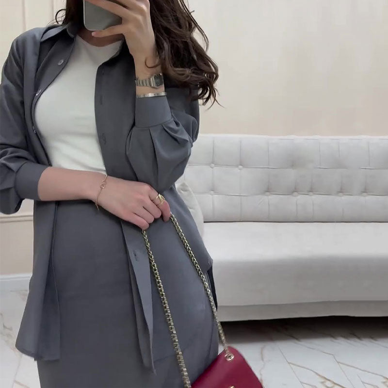Gray loose shirt & maxi skirt two -part suit