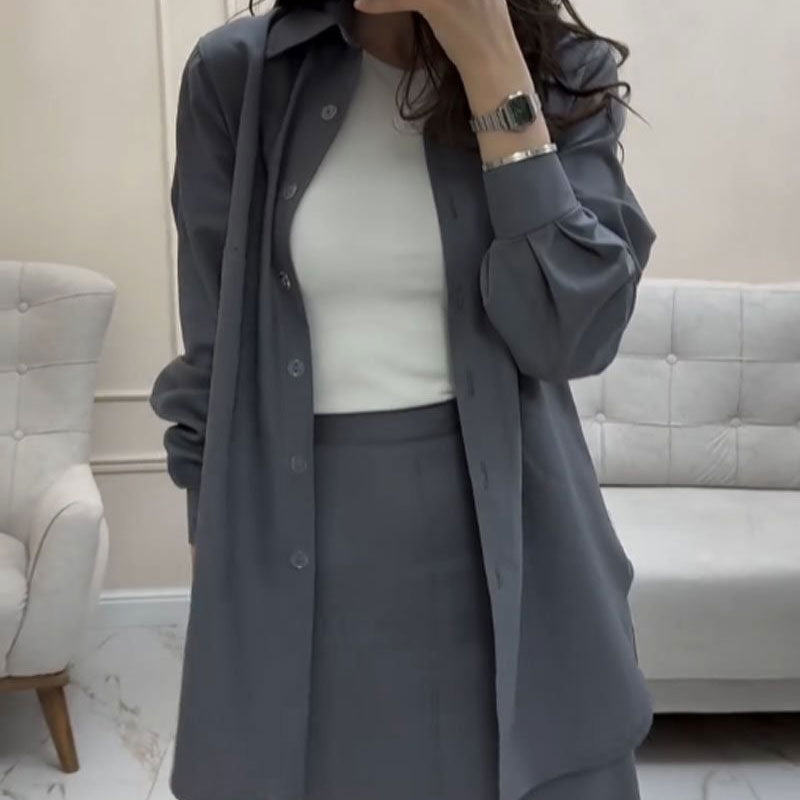 Gray loose shirt & maxi skirt two -part suit