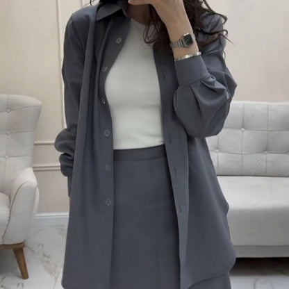 Gray loose shirt & maxi skirt two -part suit