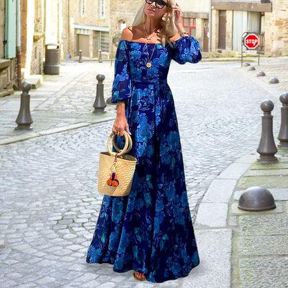 Elegante, schoudervrije, vloeiende, lange jurk met bloemendruk voor vrouwen
