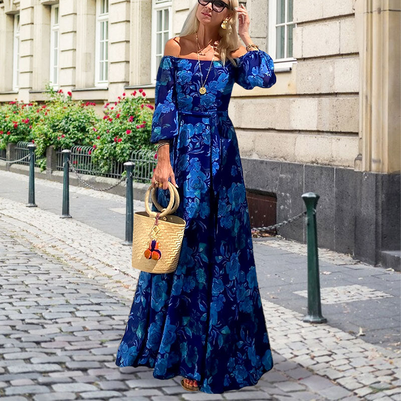 Elegante, schoudervrije, vloeiende, lange jurk met bloemendruk voor vrouwen
