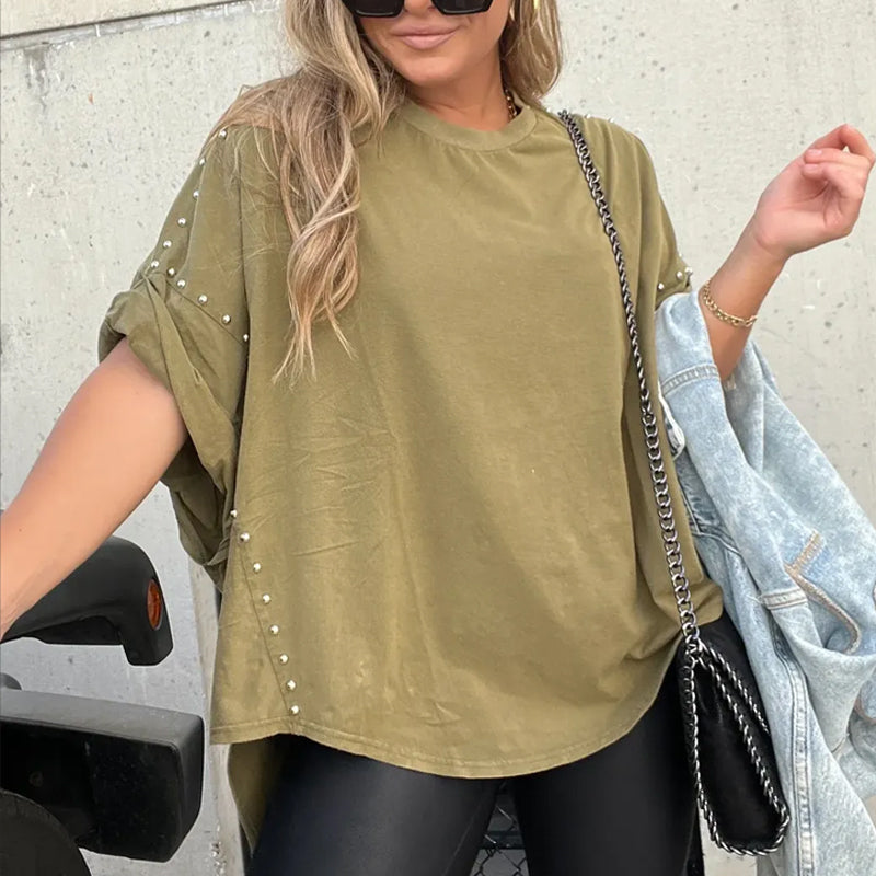 50% discounts✨Super comfortable✨ T-shirt with three-quarter sleeves, decorated with rivets