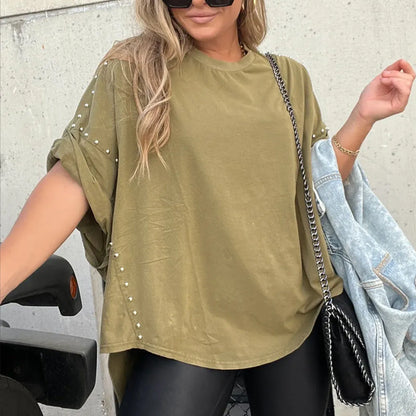 50% discounts✨Super comfortable✨ T-shirt with three-quarter sleeves, decorated with rivets