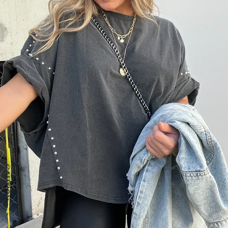 50% discounts✨Super comfortable✨ T-shirt with three-quarter sleeves, decorated with rivets