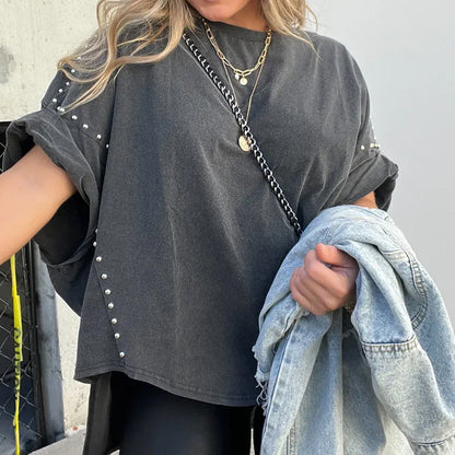 50% discounts✨Super comfortable✨ T-shirt with three-quarter sleeves, decorated with rivets