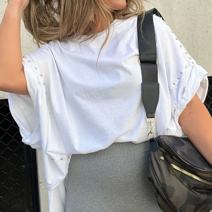 50% discounts✨Super comfortable✨ T-shirt with three-quarter sleeves, decorated with rivets