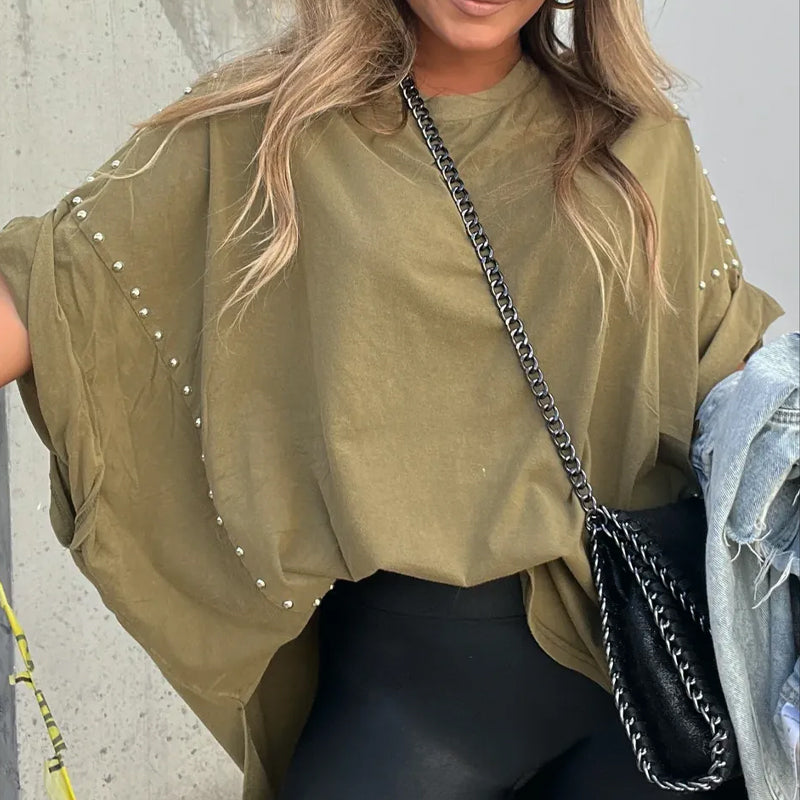 50% discounts✨Super comfortable✨ T-shirt with three-quarter sleeves, decorated with rivets