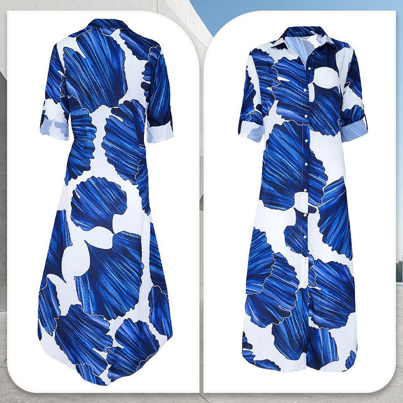 Lange sleeveved jurk met bloempatroon en kraagschil