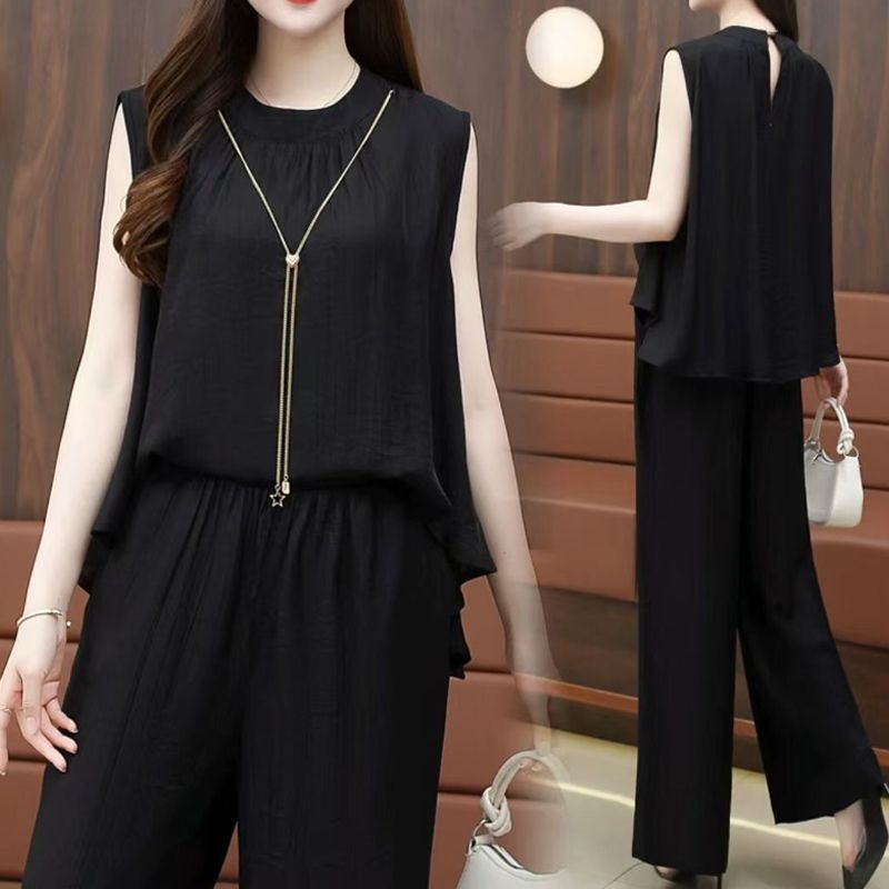 Set elegante e fluente a due parti per donne, top senza maniche e pantaloni con una gamba larga