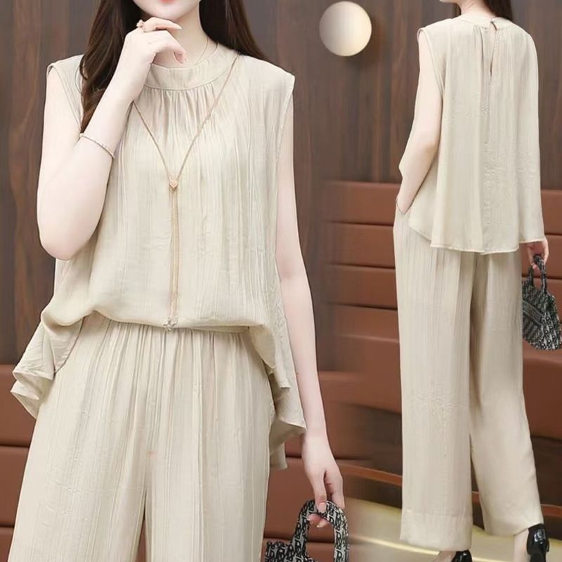 Set elegante e fluente a due parti per donne, top senza maniche e pantaloni con una gamba larga