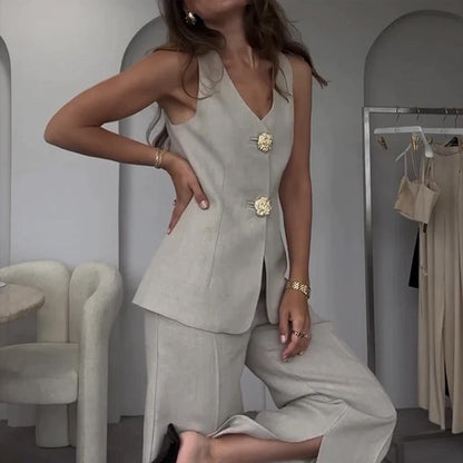 🔥51% de descuento💕Conjunto de dos piezas para mujer. Chaqueta y pantalón sin mangas con escote en pico y cierre de botones en la parte delantera.