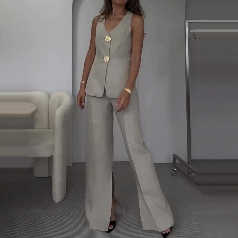🔥51% de descuento💕Conjunto de dos piezas para mujer. Chaqueta y pantalón sin mangas con escote en pico y cierre de botones en la parte delantera.