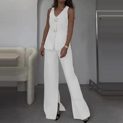 🔥51% de descuento💕Conjunto de dos piezas para mujer. Chaqueta y pantalón sin mangas con escote en pico y cierre de botones en la parte delantera.