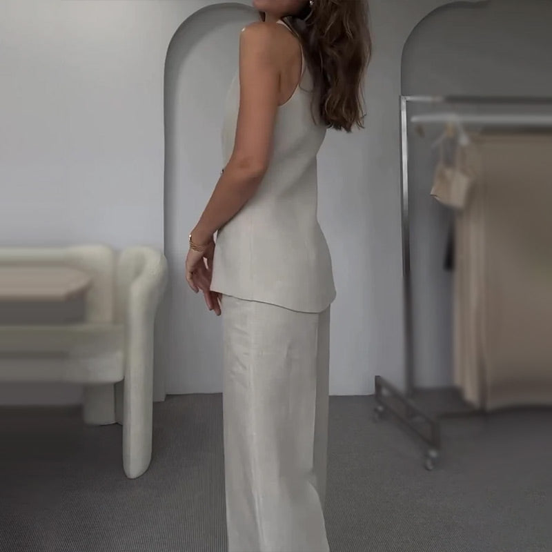 🔥51% de descuento💕Conjunto de dos piezas para mujer. Chaqueta y pantalón sin mangas con escote en pico y cierre de botones en la parte delantera.
