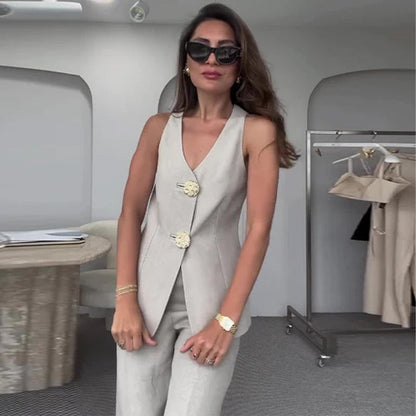 🔥51% de descuento💕Conjunto de dos piezas para mujer. Chaqueta y pantalón sin mangas con escote en pico y cierre de botones en la parte delantera.