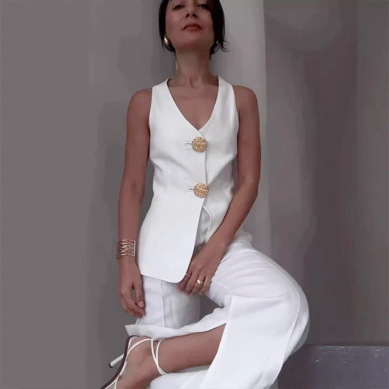 🔥51% de descuento💕Conjunto de dos piezas para mujer. Chaqueta y pantalón sin mangas con escote en pico y cierre de botones en la parte delantera.