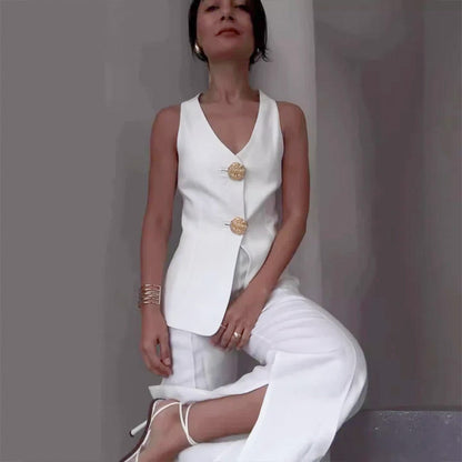 🔥51% de descuento💕Conjunto de dos piezas para mujer. Chaqueta y pantalón sin mangas con escote en pico y cierre de botones en la parte delantera.