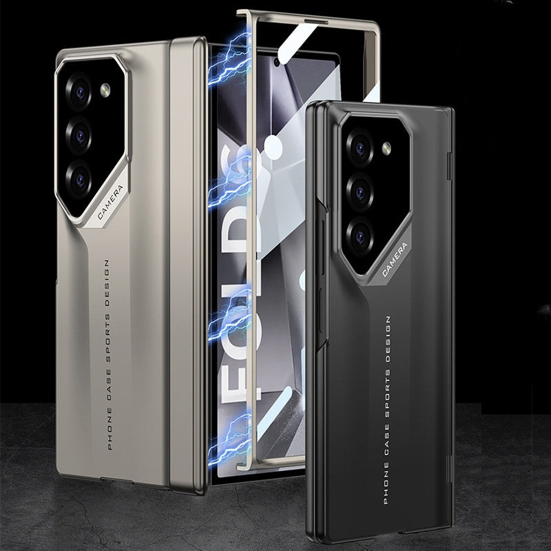 Foldable mobile phone cover with a magnetic charnier and integrated design of shells and foil