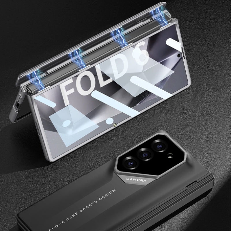 Foldable mobile phone cover with a magnetic charnier and integrated design of shells and foil