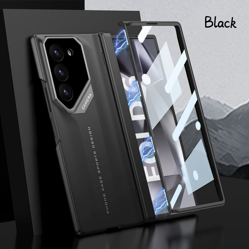 Foldable mobile phone cover with a magnetic charnier and integrated design of shells and foil