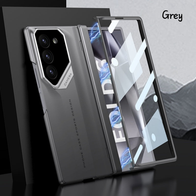 Foldable mobile phone cover with a magnetic charnier and integrated design of shells and foil