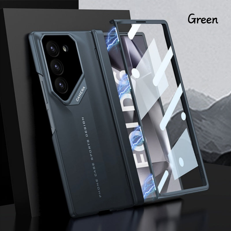 Foldable mobile phone cover with a magnetic charnier and integrated design of shells and foil