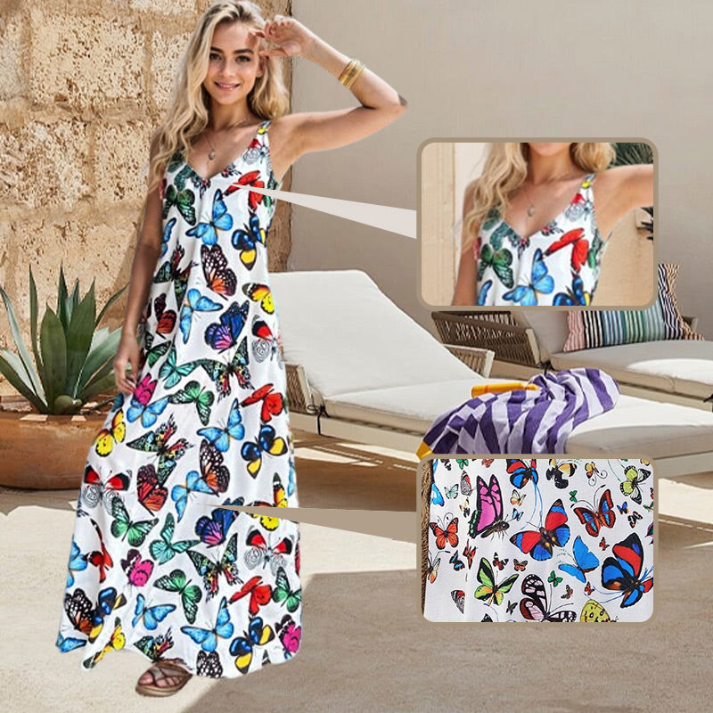 Maxikleid con scollo a V e spaghetti e stampa a farfalla