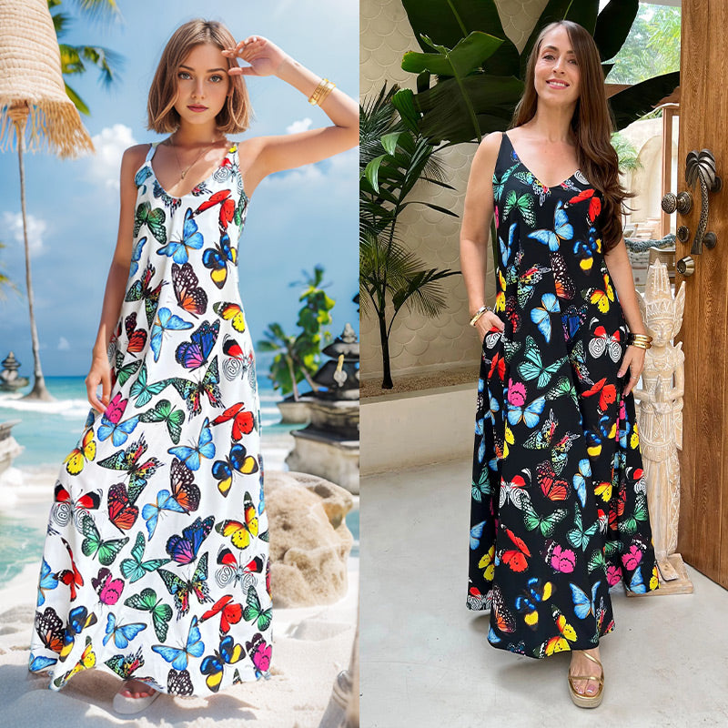 Maxikleid con scollo a V e spaghetti e stampa a farfalla